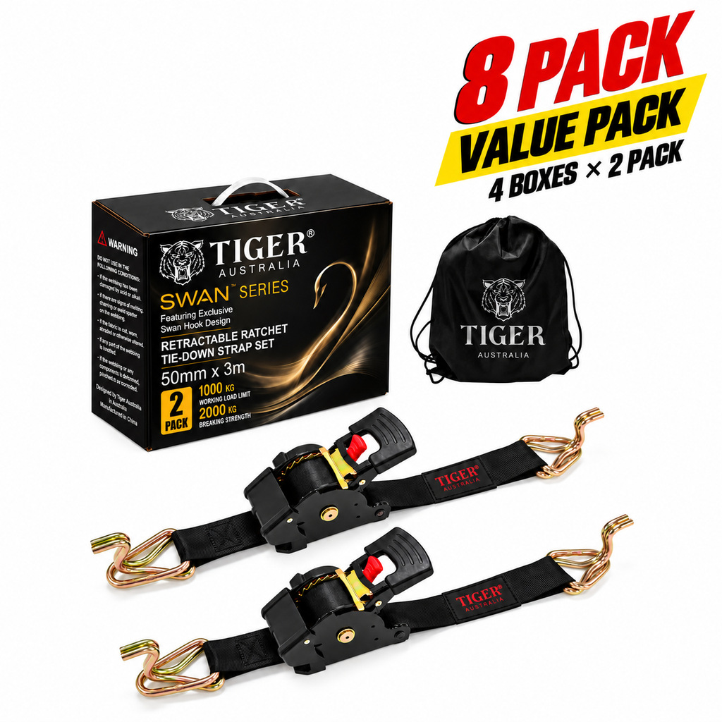 Tiger Australia Swan Hook Series 50mm × 3m Heavy-Duty Retractable Ratchet Straps 8-Pack Value Pack