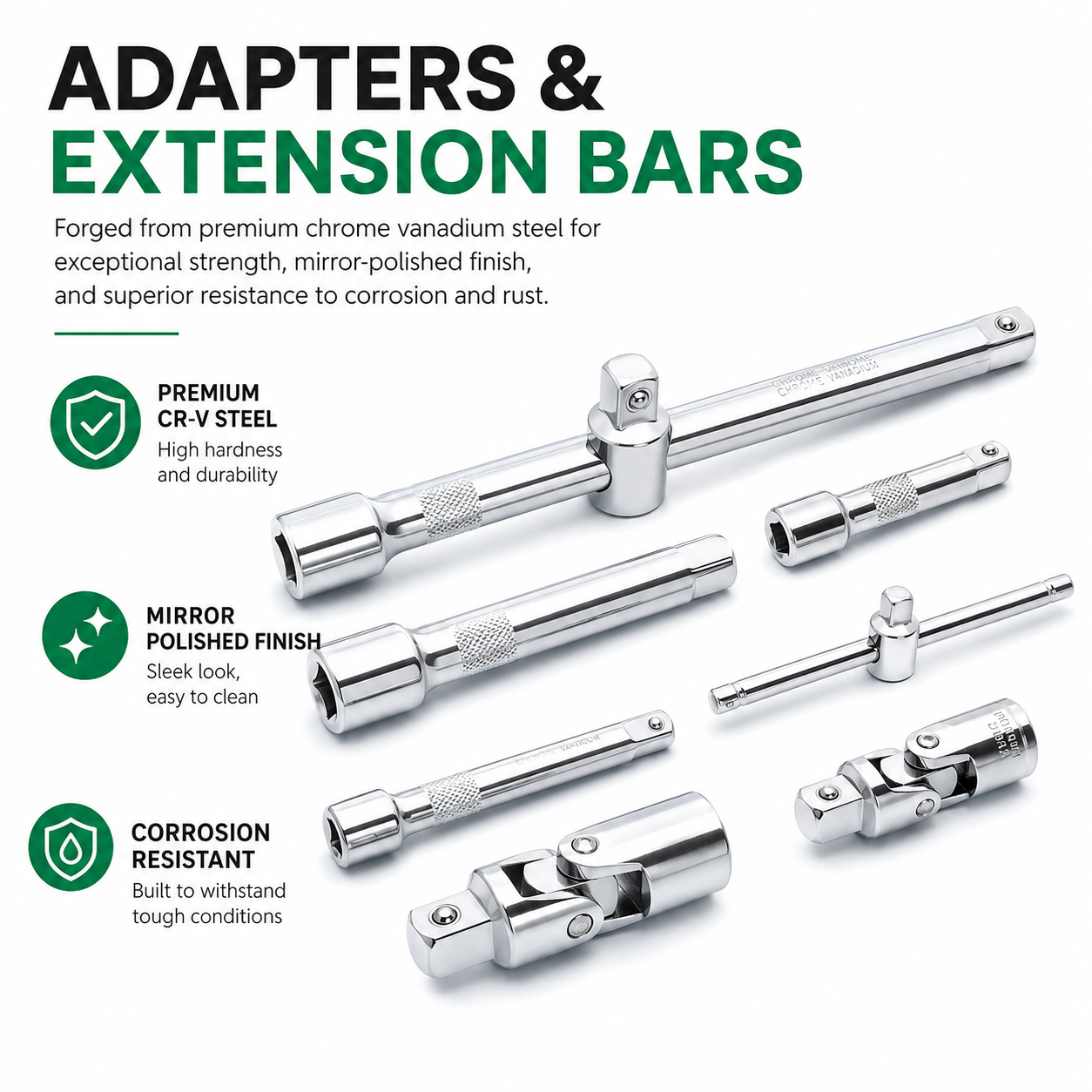 Six chrome extension bar adapters arranged on a white background with marketing text about premium CR-V steel, mirror-polished finish, and corrosion resistance.