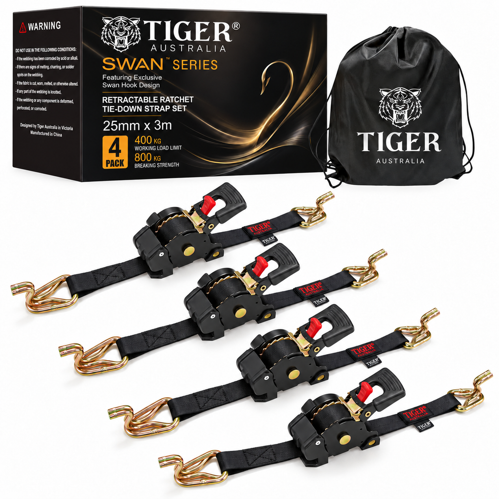 Tiger Australia Swan Hook Series 25mm × 3m Retractable Ratchet Straps 4-Pack(Black)