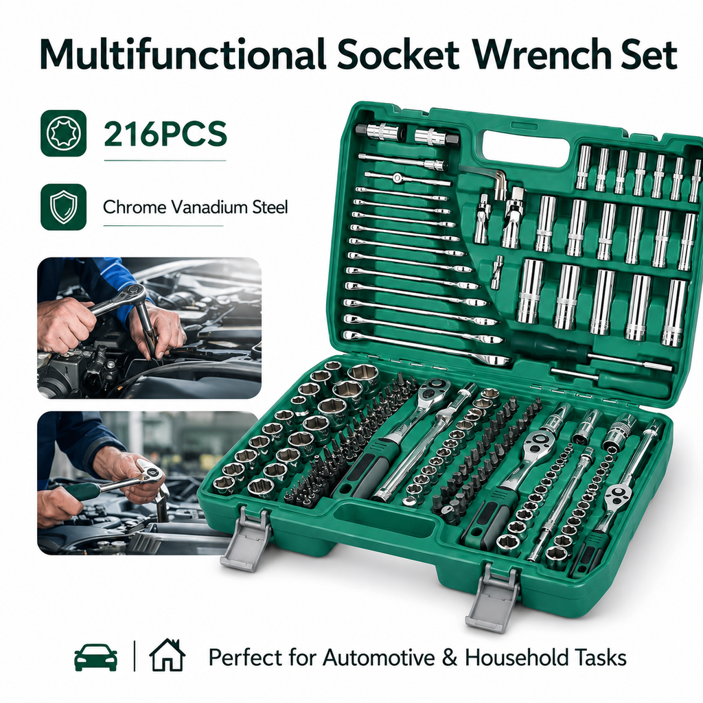 Open green plastic case containing a 216-piece multifunction socket wrench set with chrome vanadium steel tools, shown on a white background with feature callouts and small automotive usage photos.