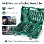 Open green plastic case containing a 216-piece multifunction socket wrench set with chrome vanadium steel tools, shown on a white background with feature callouts and small automotive usage photos.