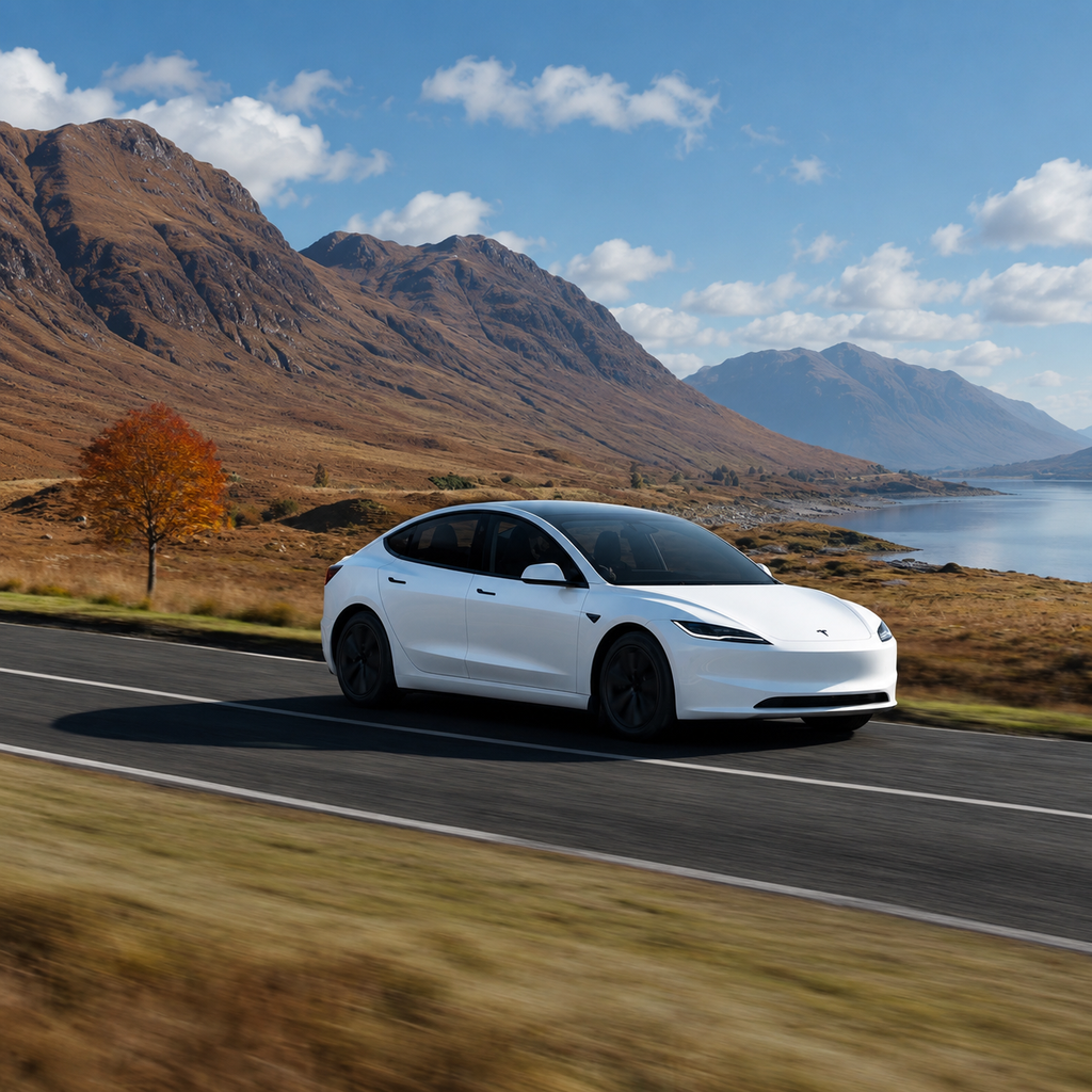 A white Tesla Model Y sedan is shown driving on a winding road with a scenic mountain and lake landscape in the background.