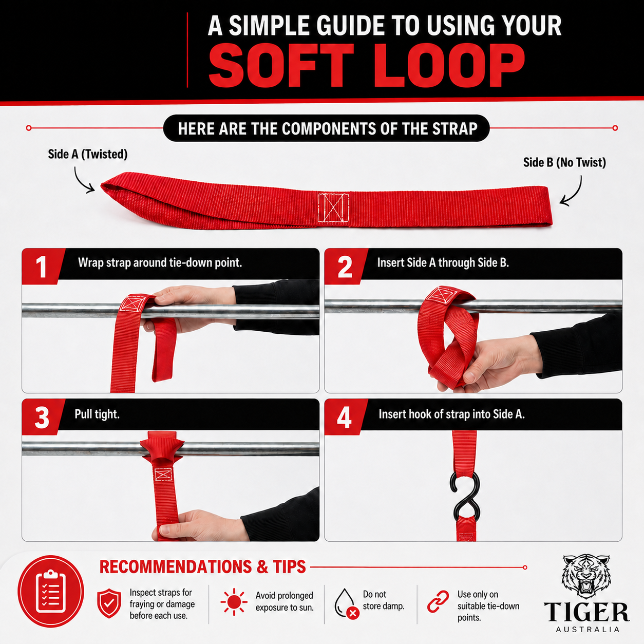 Tiger Australia 25mm x 3m Retractable Ratchet Straps with Soft Loops – 4 Pack (Red Limited Edition)