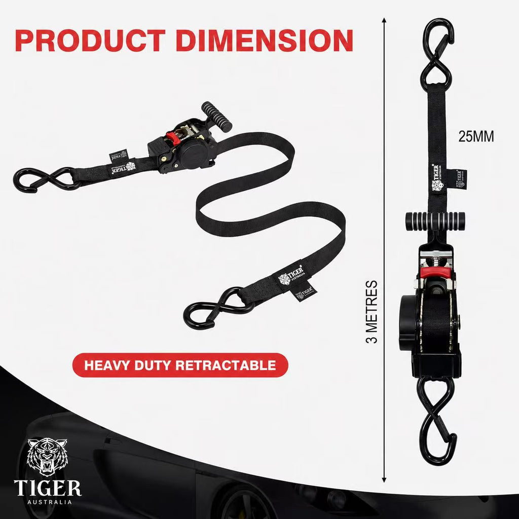 Tiger Australia 25mm x 3m T-Handle™ Retractable Ratchet Straps 4-Pack