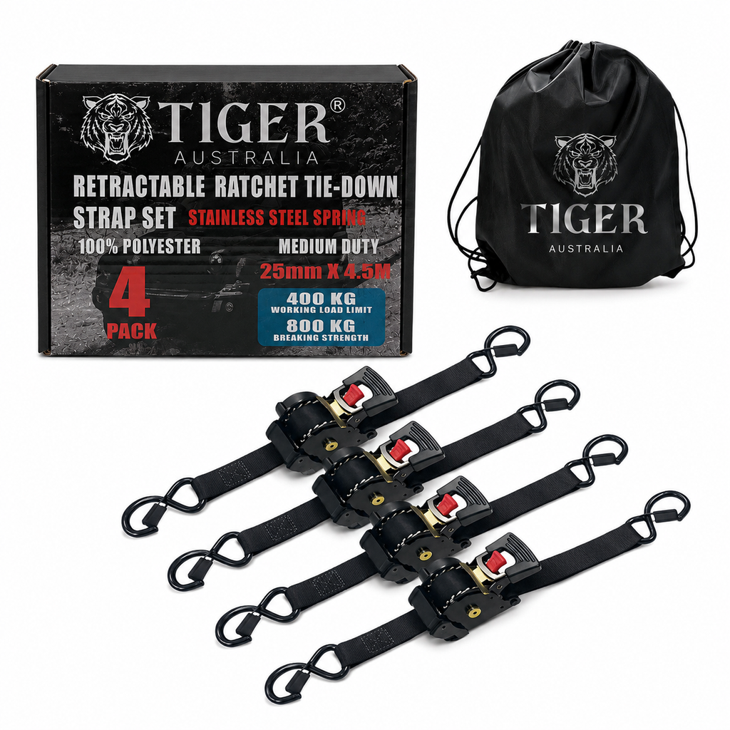 Tiger Australia 25mm x 4.5m Auto Retractable Ratchet Straps 4-Pack