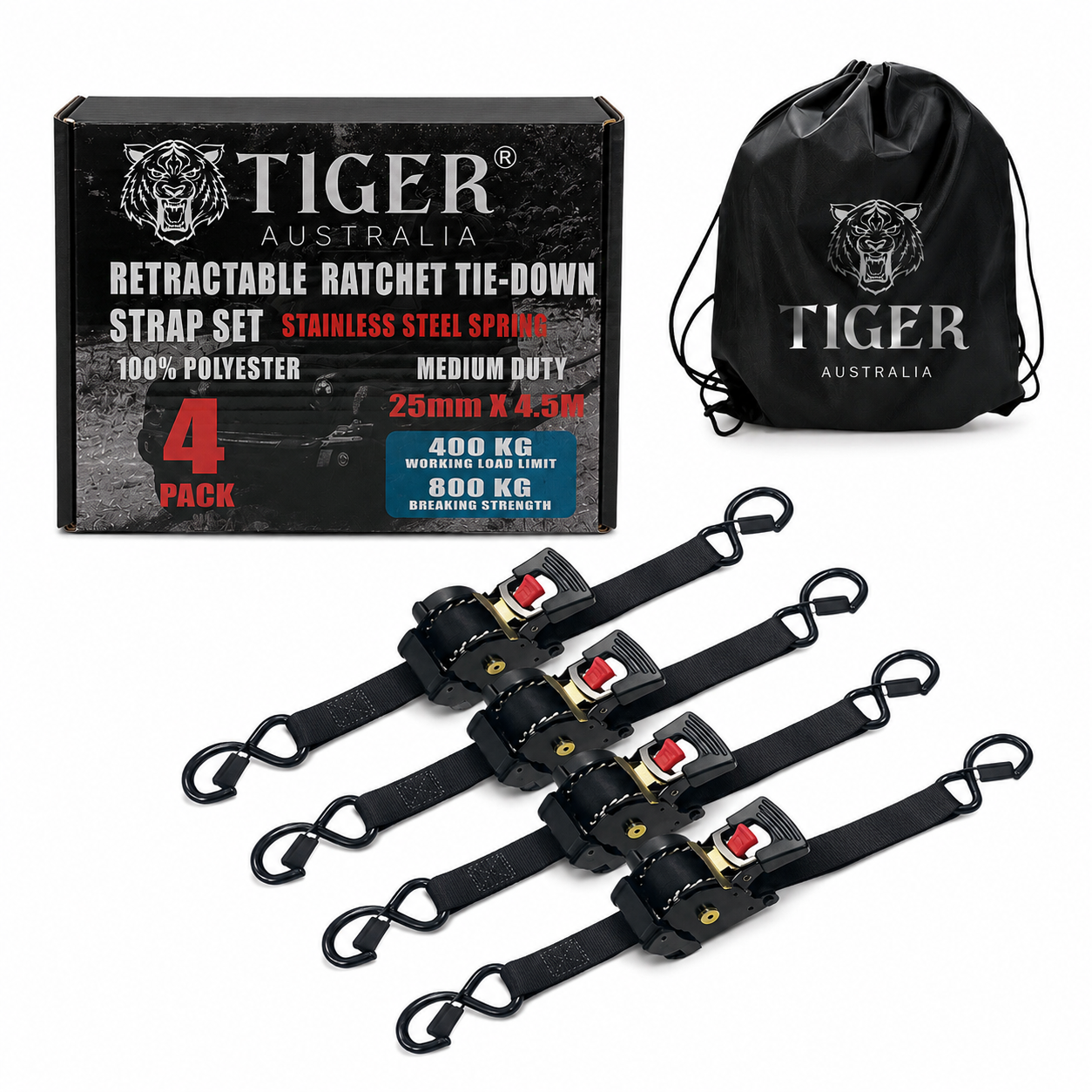 Tiger Australia 25mm x 4.5m Auto Retractable Ratchet Straps 4-Pack