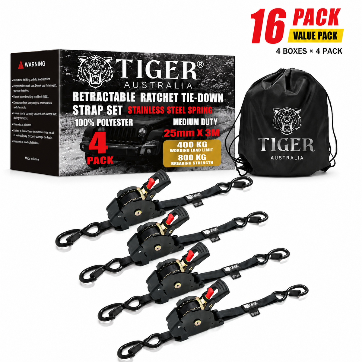 Tiger Australia 25mm x 3m Retractable Ratchet Straps with Soft Loops 16-Pack Value Pack