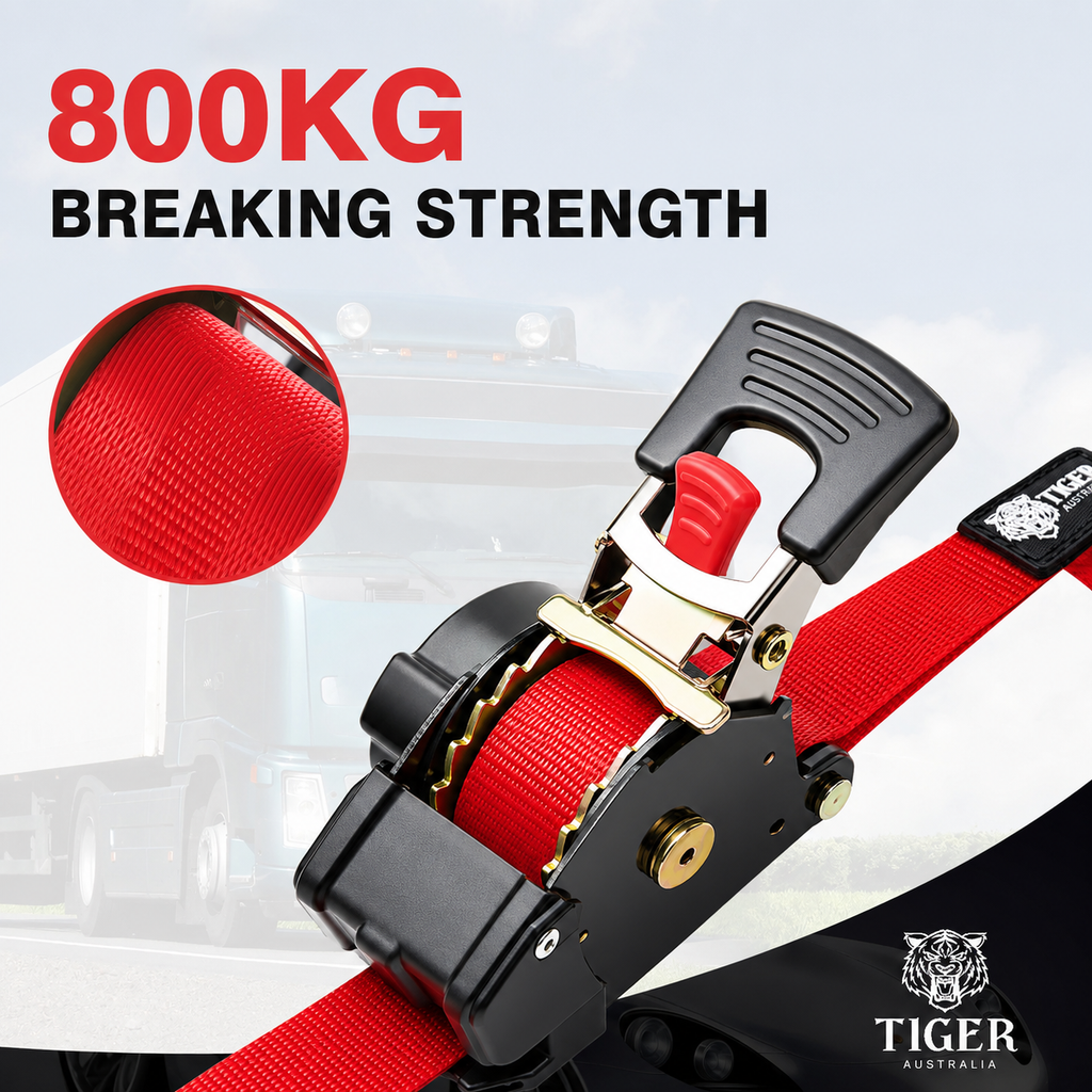 Tiger Australia 25mm x 3m Retractable Ratchet Straps with Soft Loops – 4 Pack (Red Limited Edition)