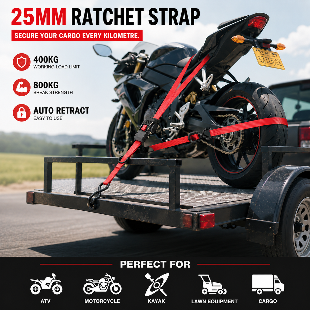 Tiger Australia 25mm x 3m Retractable Ratchet Straps with Soft Loops – 4 Pack (Red Limited Edition)