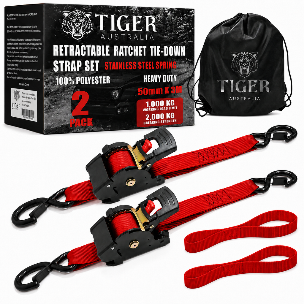 Tiger Australia 50mm x 3m Heavy Duty Retractable Ratchet Straps with Soft Loops 2-Pack(Red Limited Edition)