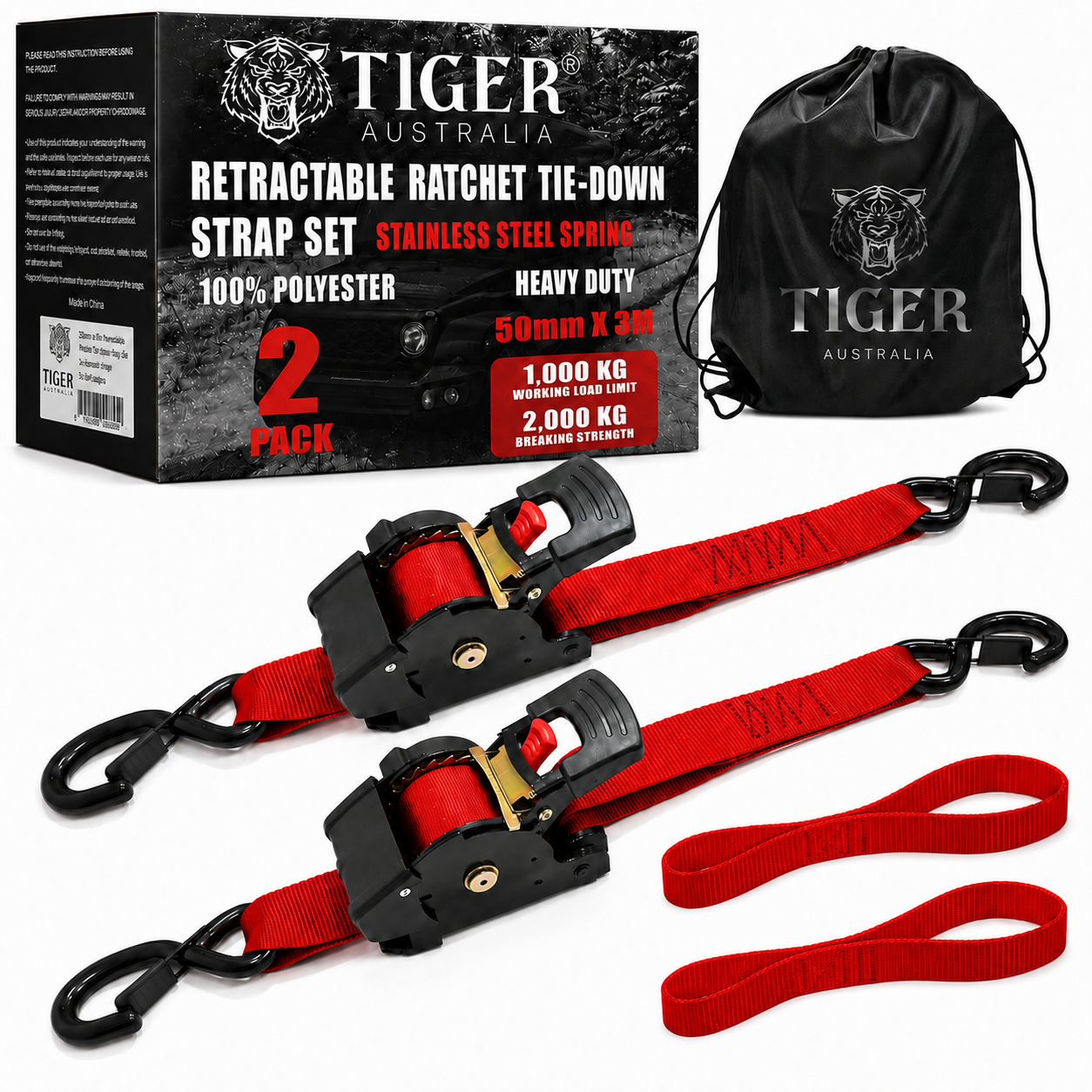 Tiger Australia 50mm x 3m Heavy Duty Retractable Ratchet Straps with Soft Loops 2-Pack(Red Limited Edition)