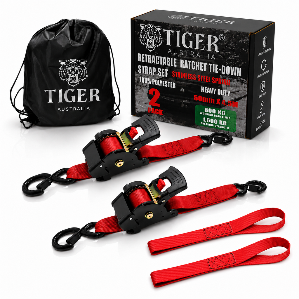 Tiger Australia 50mm x 4.5m Heavy Duty Retractable Ratchet Straps with Soft Loops 2-Pack(Red Limited Edition)