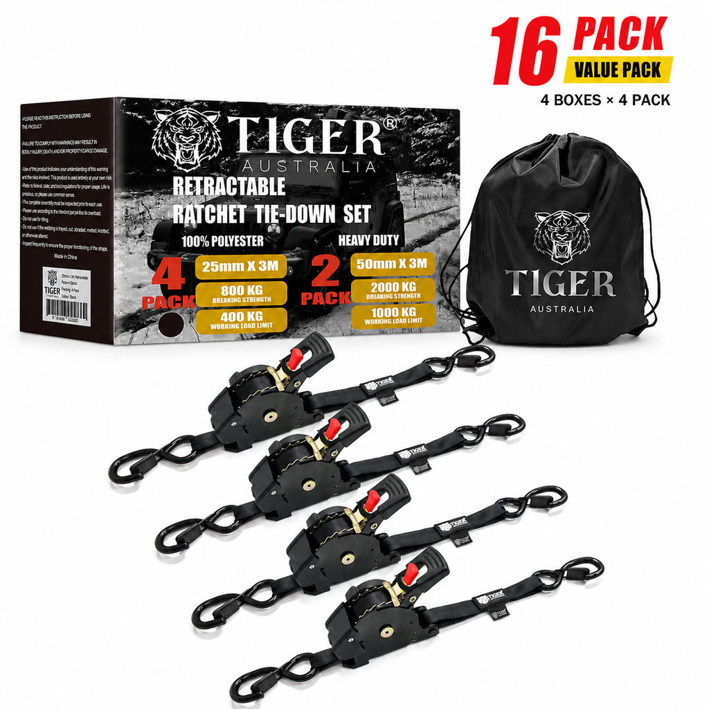 Tiger Australia 25mm x 3m Auto Retractable Ratchet Straps 16-Pack Value Pack