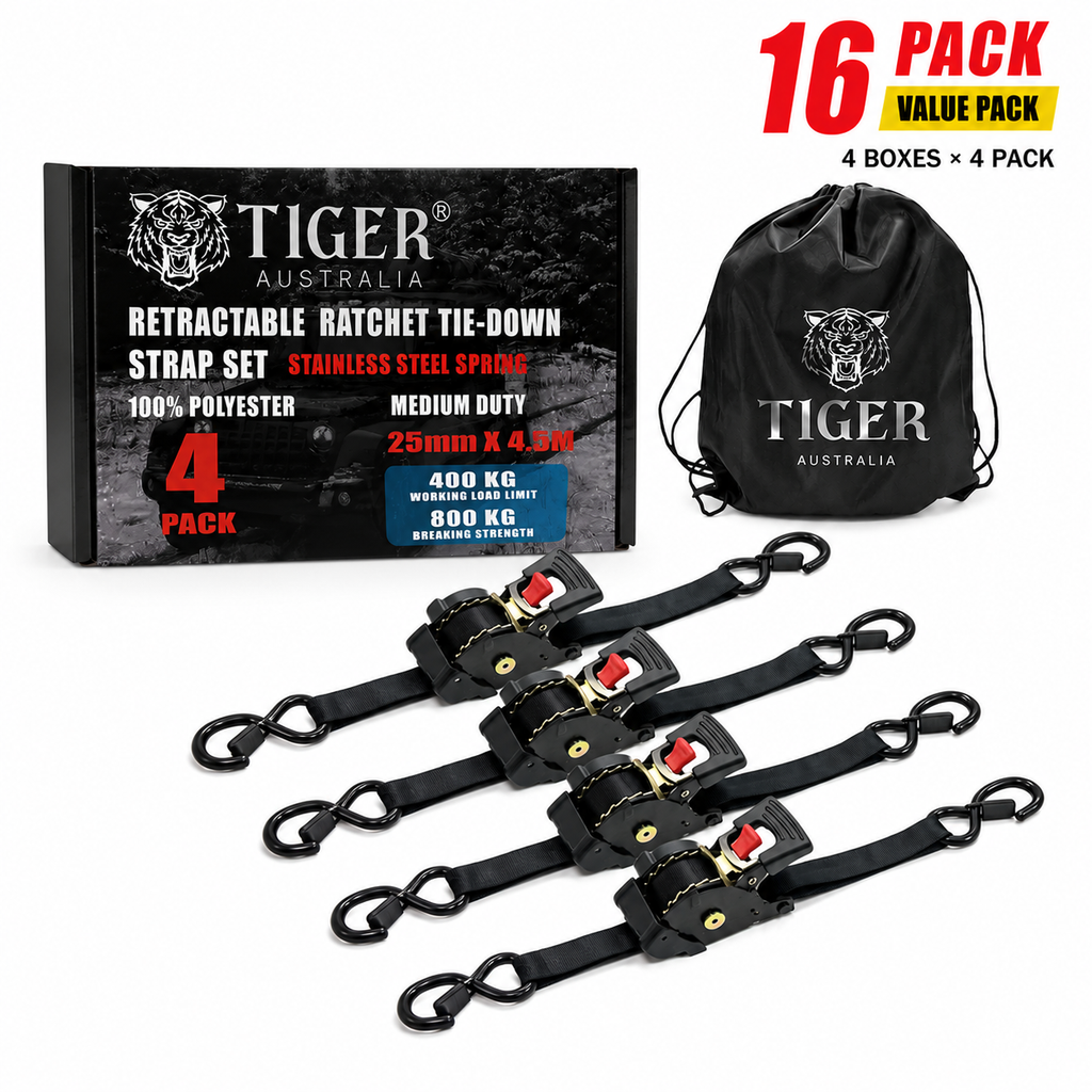 Tiger Australia 25mm x 4.5m Auto Retractable Ratchet Straps 16-Pack Value Pack