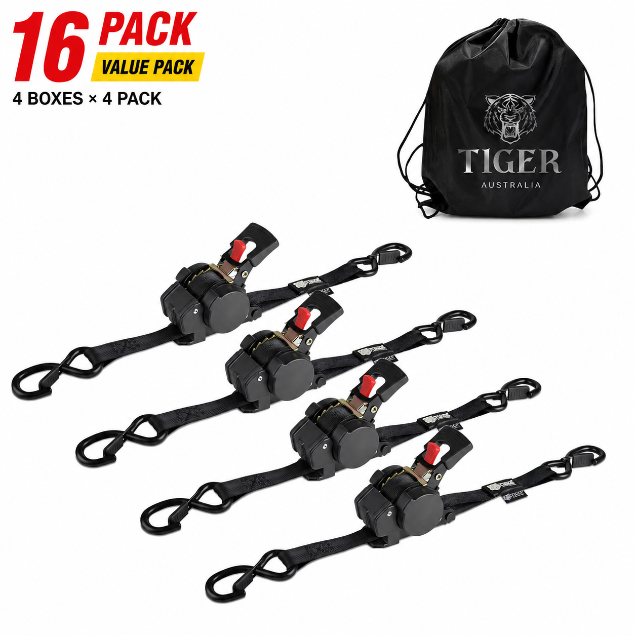 Tiger Australia 25mm × 3m Slow-Retracting Ratchet Straps 16-Pack Value Pack