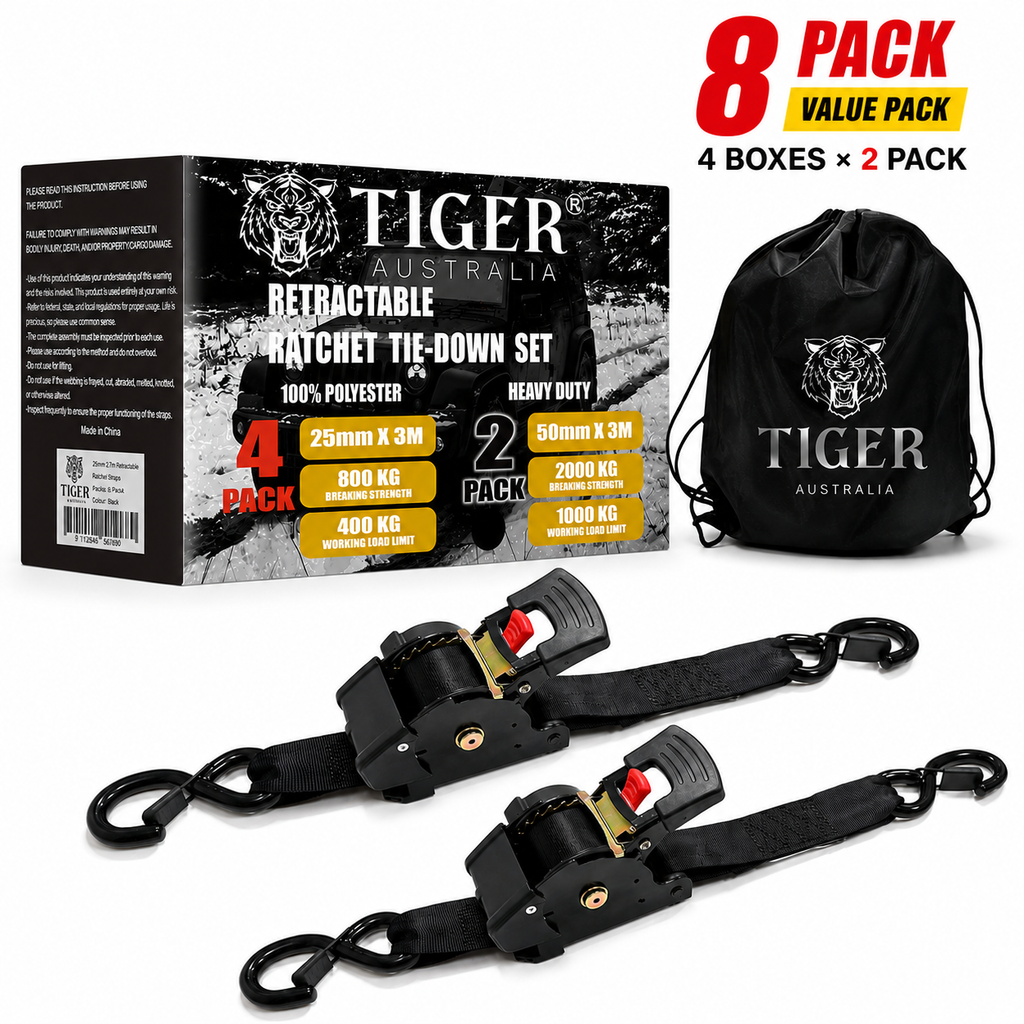Tiger Australia 50mm x 4.5m Retractable Ratchet Straps 8-Pack Value Pack