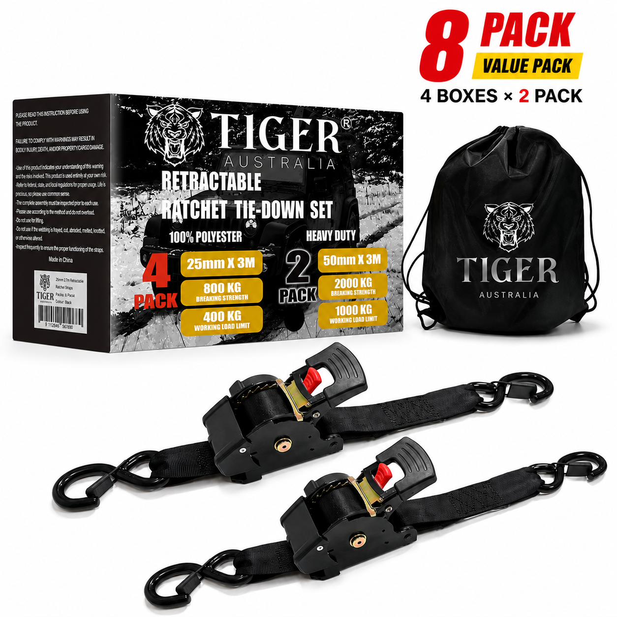Tiger Australia 50mm x 4.5m Retractable Ratchet Straps 8-Pack Value Pack