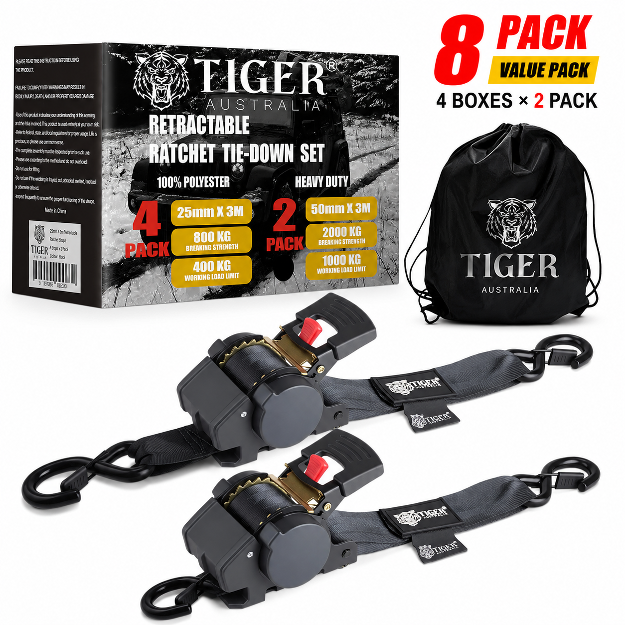 Tiger Australia 50mm × 3m Slow-Retracting Design Ratchet Straps 8-Pack Value Pack