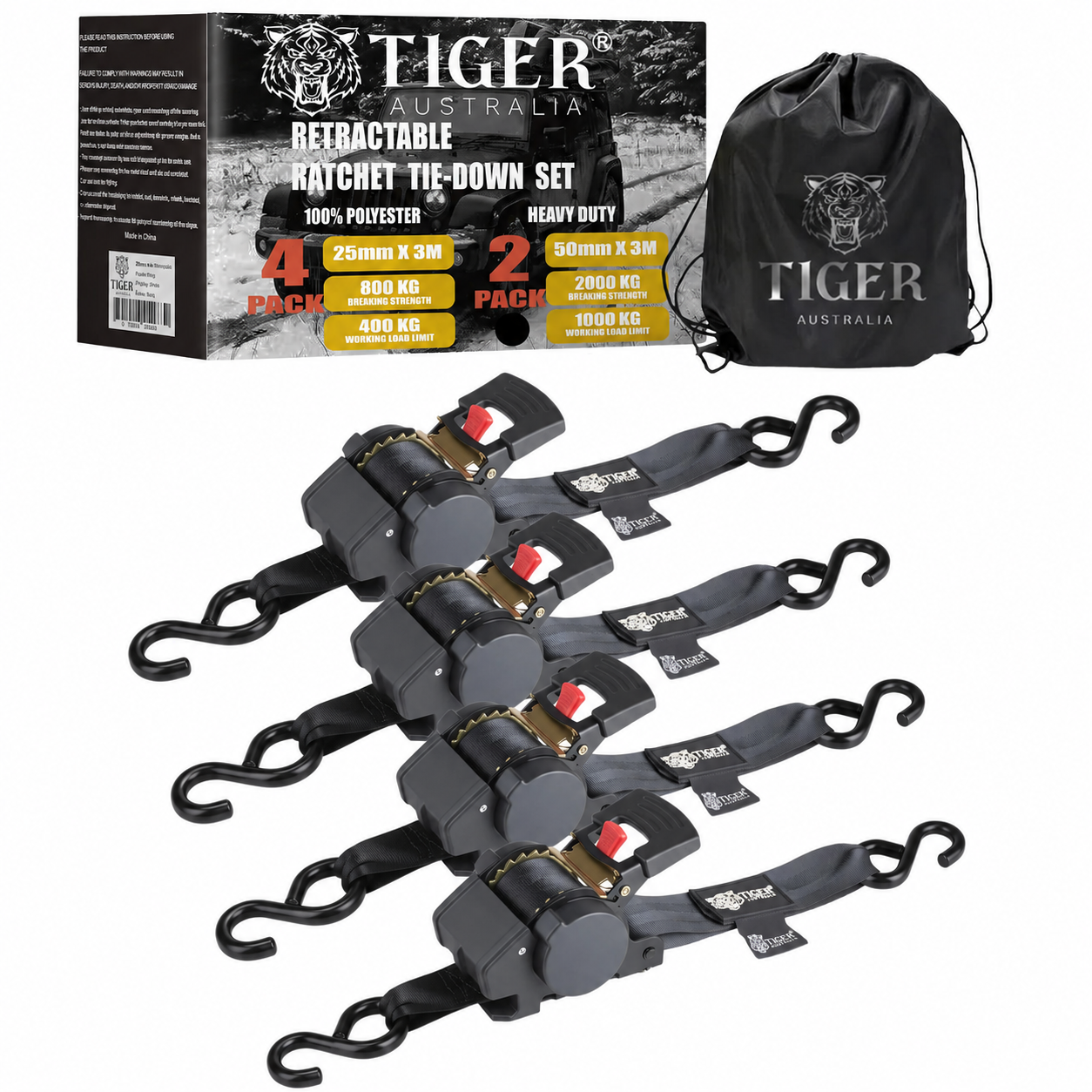 Tiger Australia 50mm × 3m New Auto Slow-Retracting Design Ratchet Straps 4-Pack