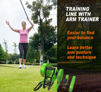 Woman using an arm trainer outdoors with text about training benefits.