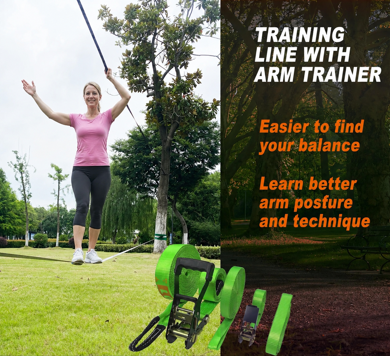 Woman using an arm trainer outdoors with text about training benefits.