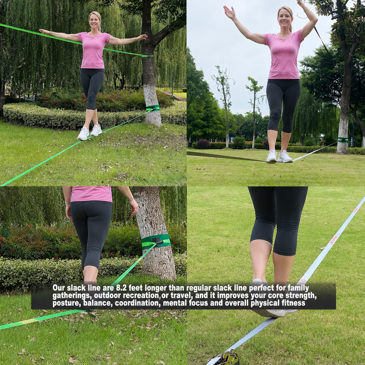 Woman walking on a slackline in a park with text about the slackline's benefits.