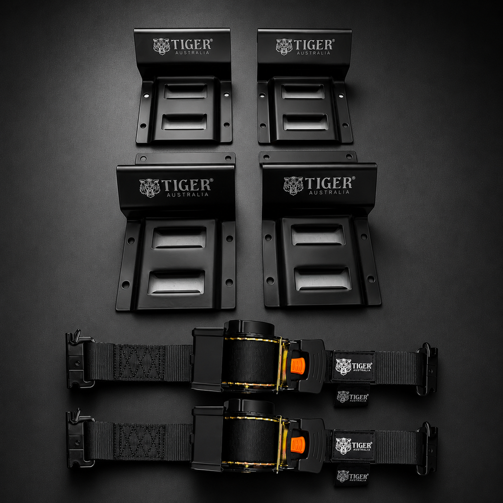 Black straps with Tiger Australia logo on a dark background