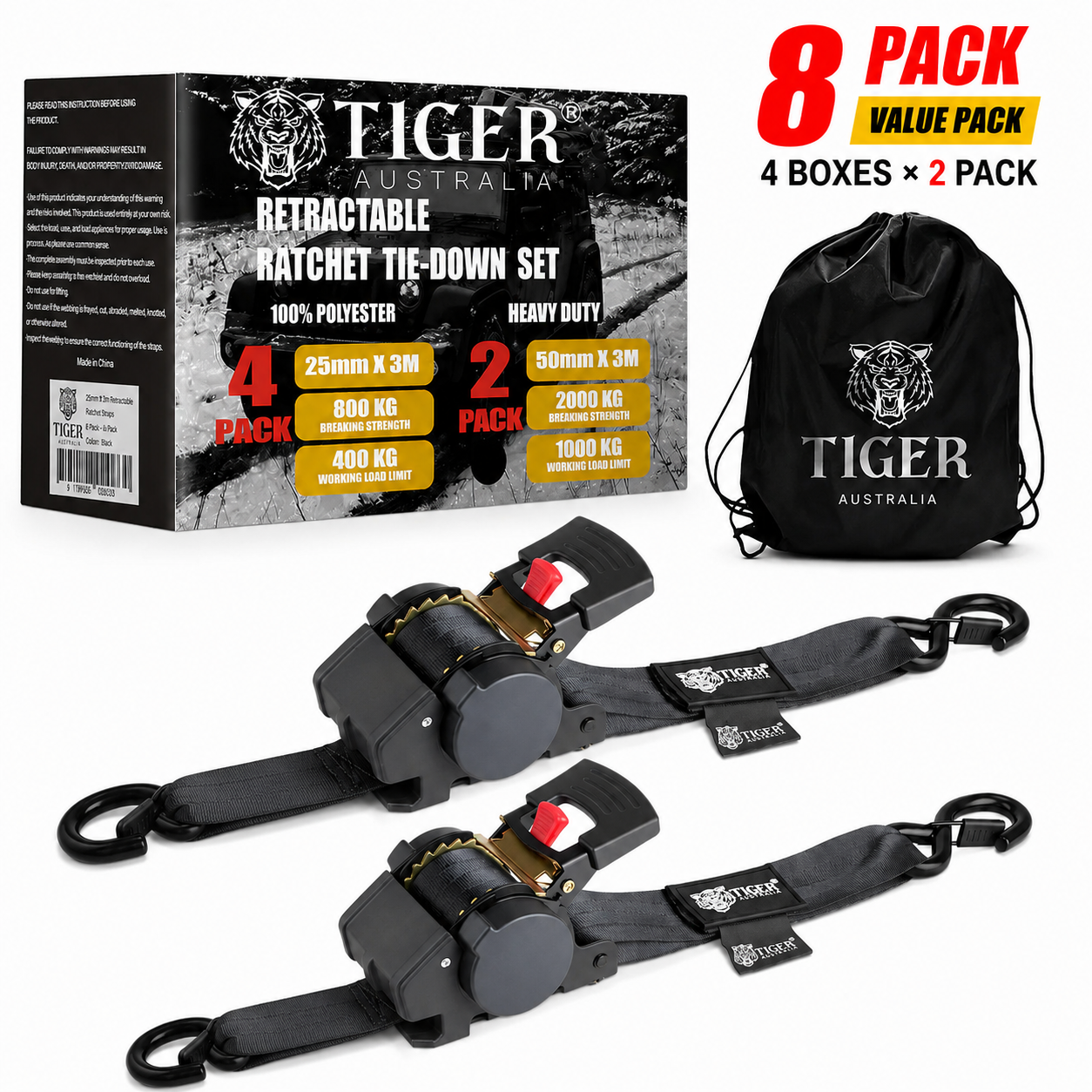 Tiger Australia 50mm × 3m Slow-Retracting Design Ratchet Straps 8-Pack Value Pack