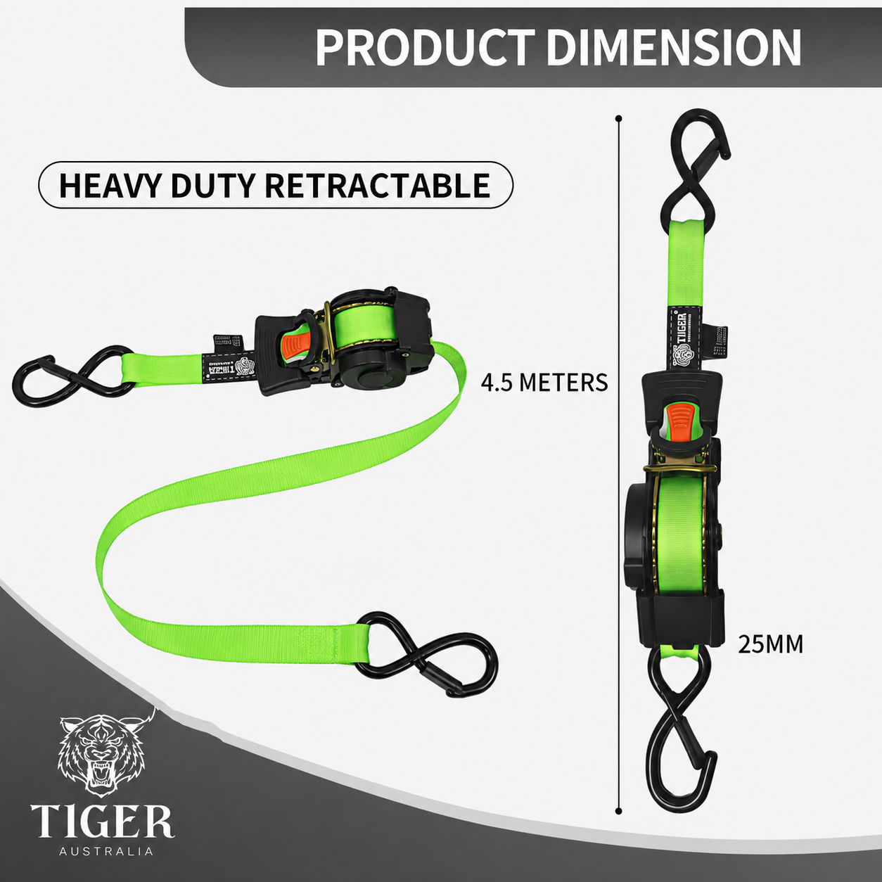 Tiger Australia 25mm x 4.5m Auto Retractable Ratchet Straps with Soft Loops 4-Pack