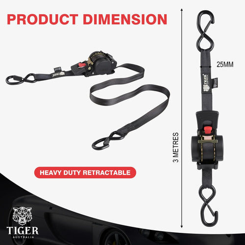 25mm × 3m New Auto Slow-Retracting Ratchet Straps 4-Pack