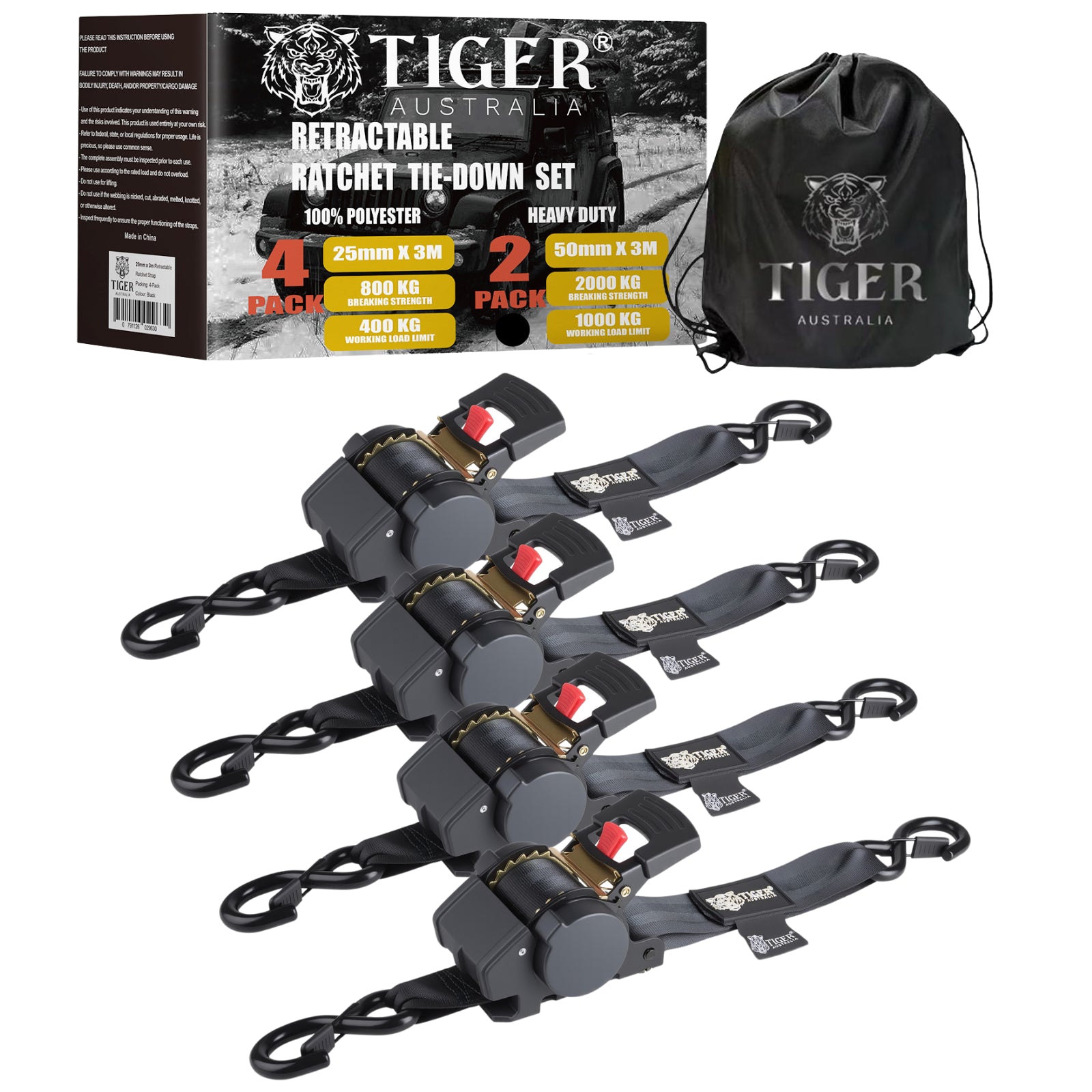 50mm × 3m New Auto Slow-Retracting Design Ratchet Straps 4-Pack