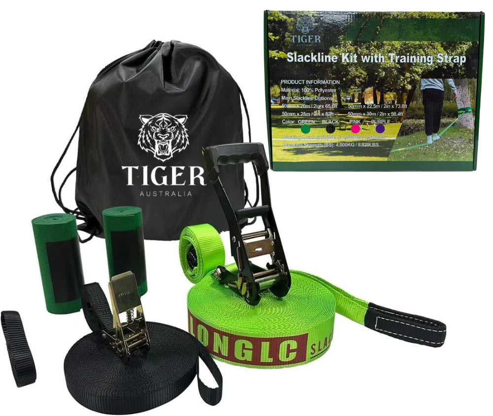 Slackline Kit 50mmx22.5 m with Training Line, Ratchet, Tree Protectors and Bag