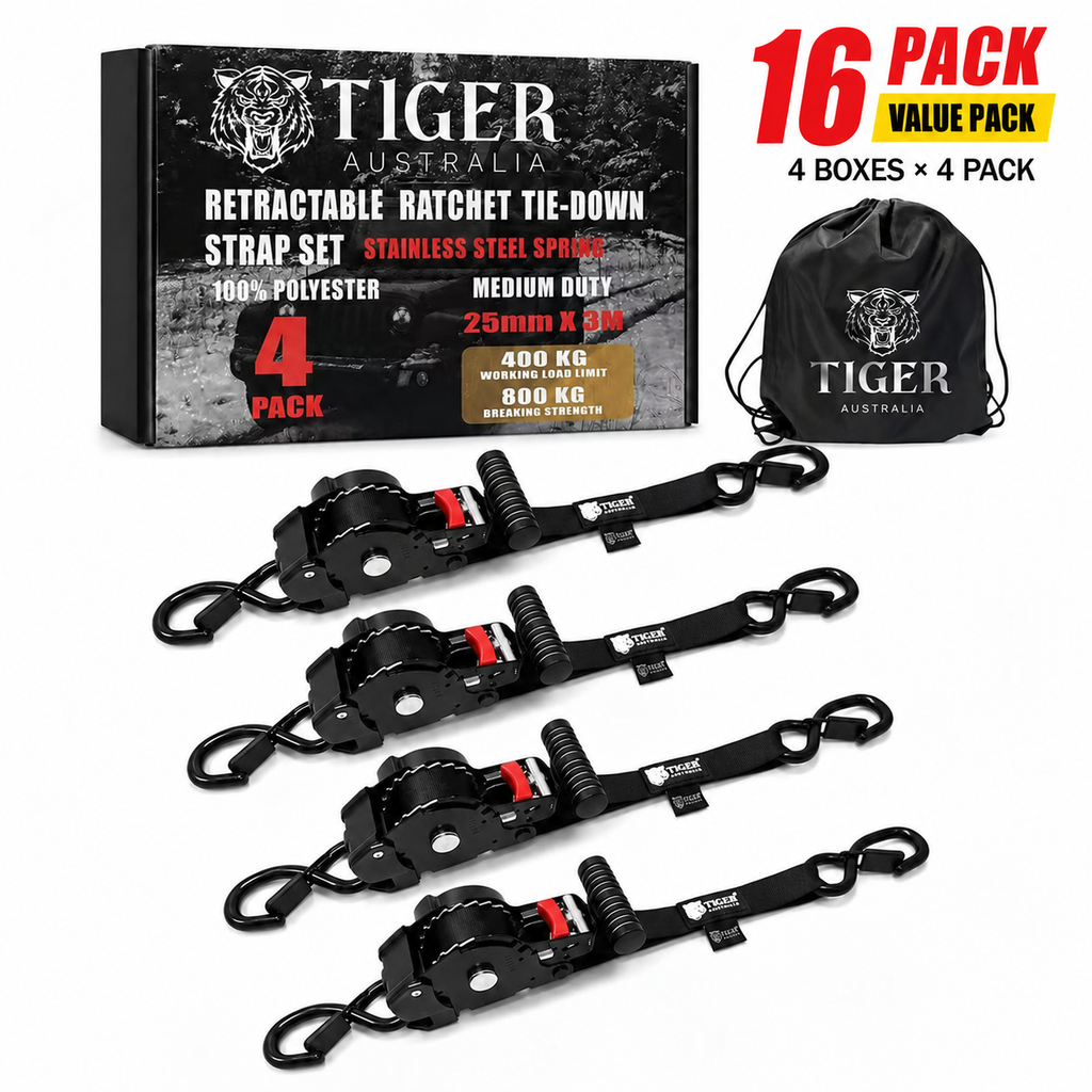 Tiger Australia 25mm x 3m T-Handle™ Retractable Ratchet Straps – 16 Pack Value Pack