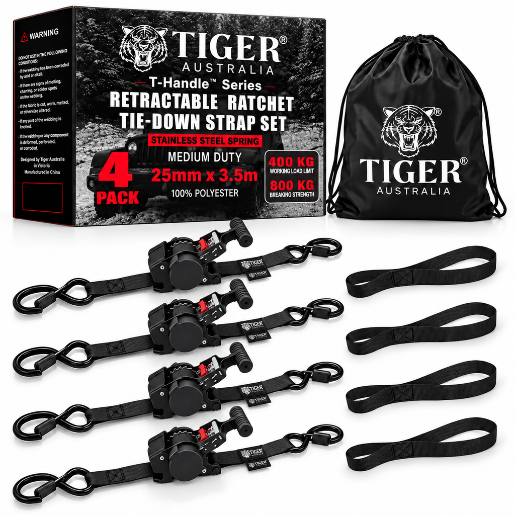 Tiger Australia 25mm x 3.5m Ultimate T-Handle™ Slow-Retracting Straps with Soft Loops 4-Pack(Black)