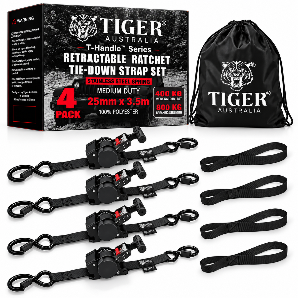 Tiger Australia 25mm x 3.5m Ultimate T-Handle™ Slow-Retracting Straps with Soft Loops 4-Pack(Black)