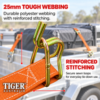 Tiger Australia Swan Hook Series 25mm × 3m Retractable Ratchet Straps 4-Pack(Orange)
