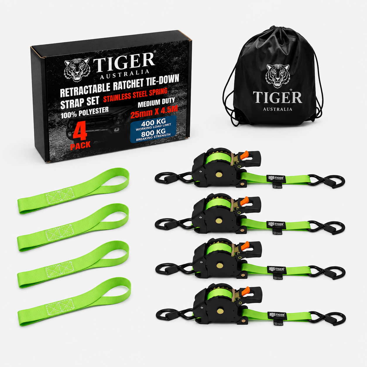 Tiger Australia 25mm x 4.5m Auto Retractable Ratchet Straps with Soft Loops 4-Pack