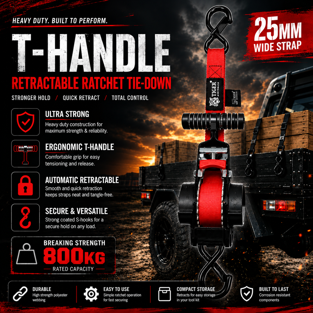 Tiger Australia 25mm x 3m T-Handle™ Retractable Ratchet Straps with Soft Loops 4-Pack(Red Limited Edition)
