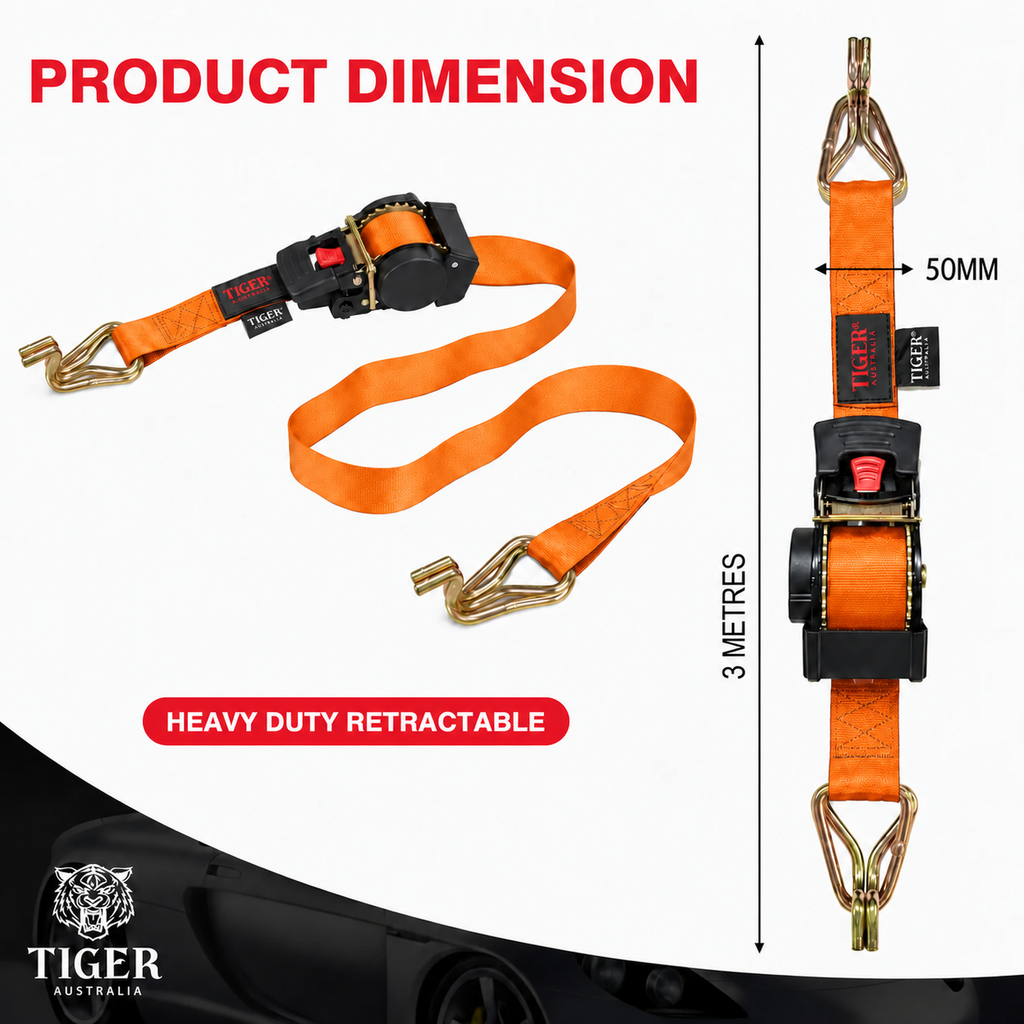 Tiger Australia Swan Hook Series 50mm × 3m Heavy-Duty Retractable Ratchet Straps 2-Pack(Orange)