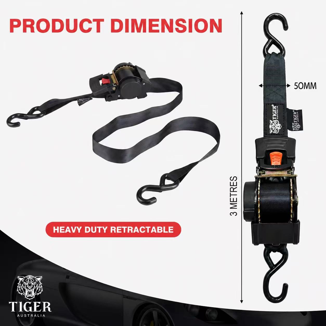 Tiger Australia 50mm x 3m Heavy Duty Auto Retractable Ratchet Straps 2-Pack