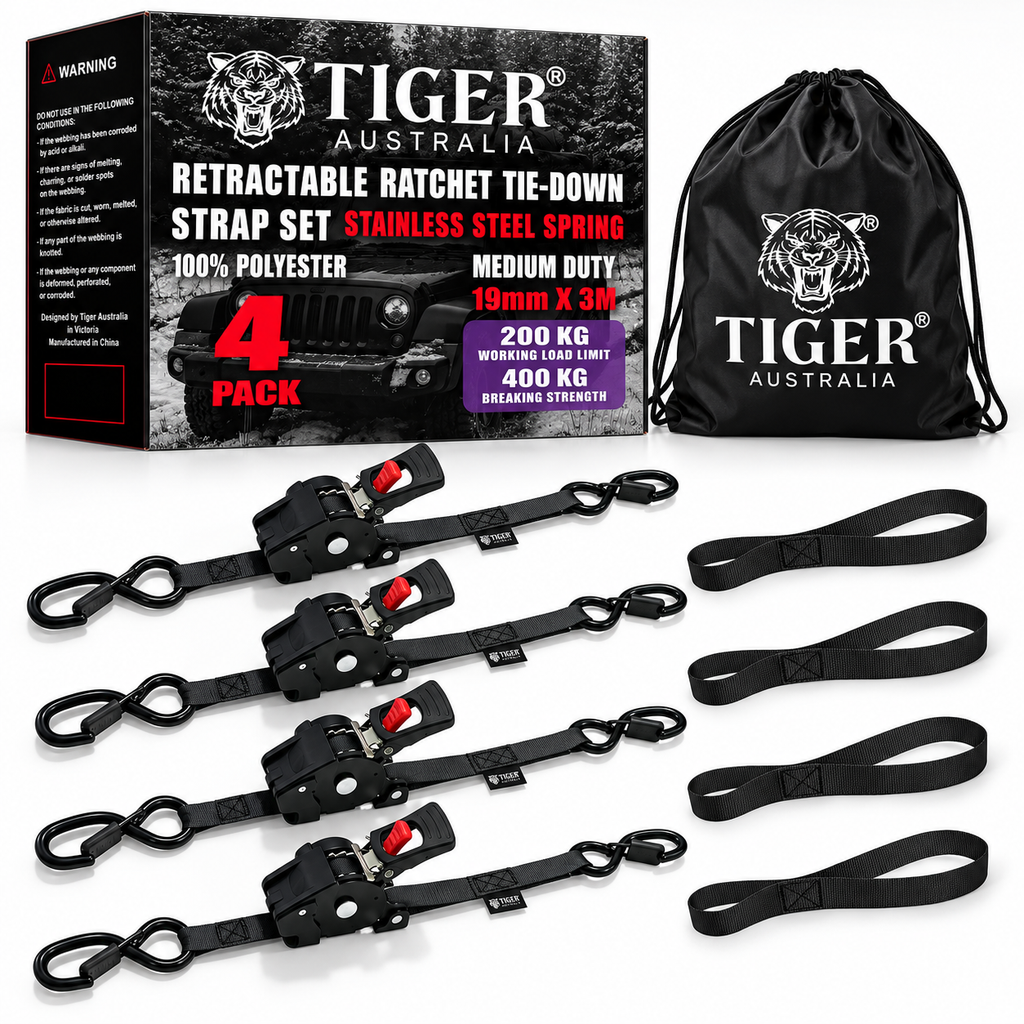 Tiger Australia 19mm x 3m Compact Auto Retractable Ratchet Straps 4-Pack with Soft Loops – 4 Pack