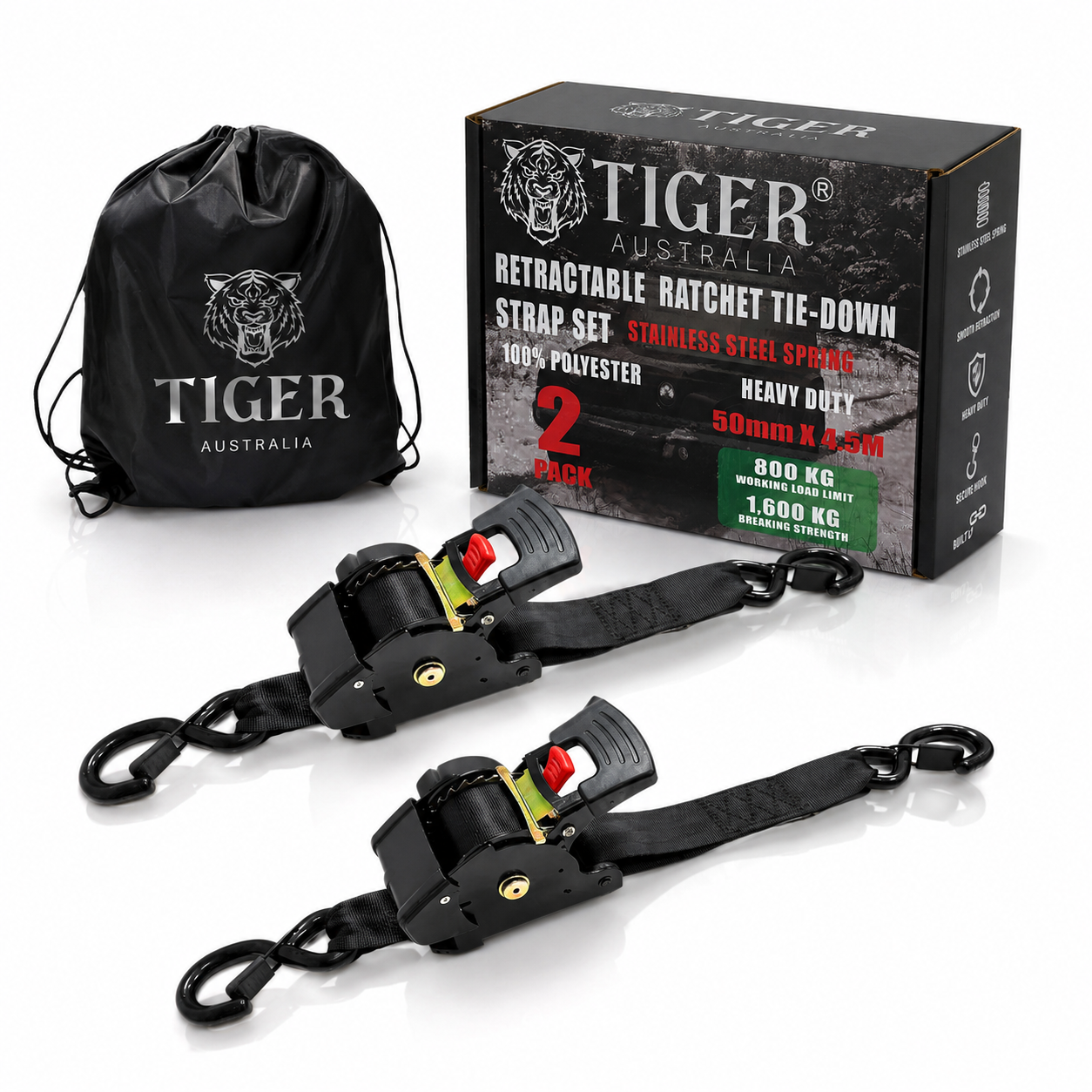 Tiger Australia 50mm x 4.5m Heavy Duty Auto Retractable Ratchet Straps 2-Pack
