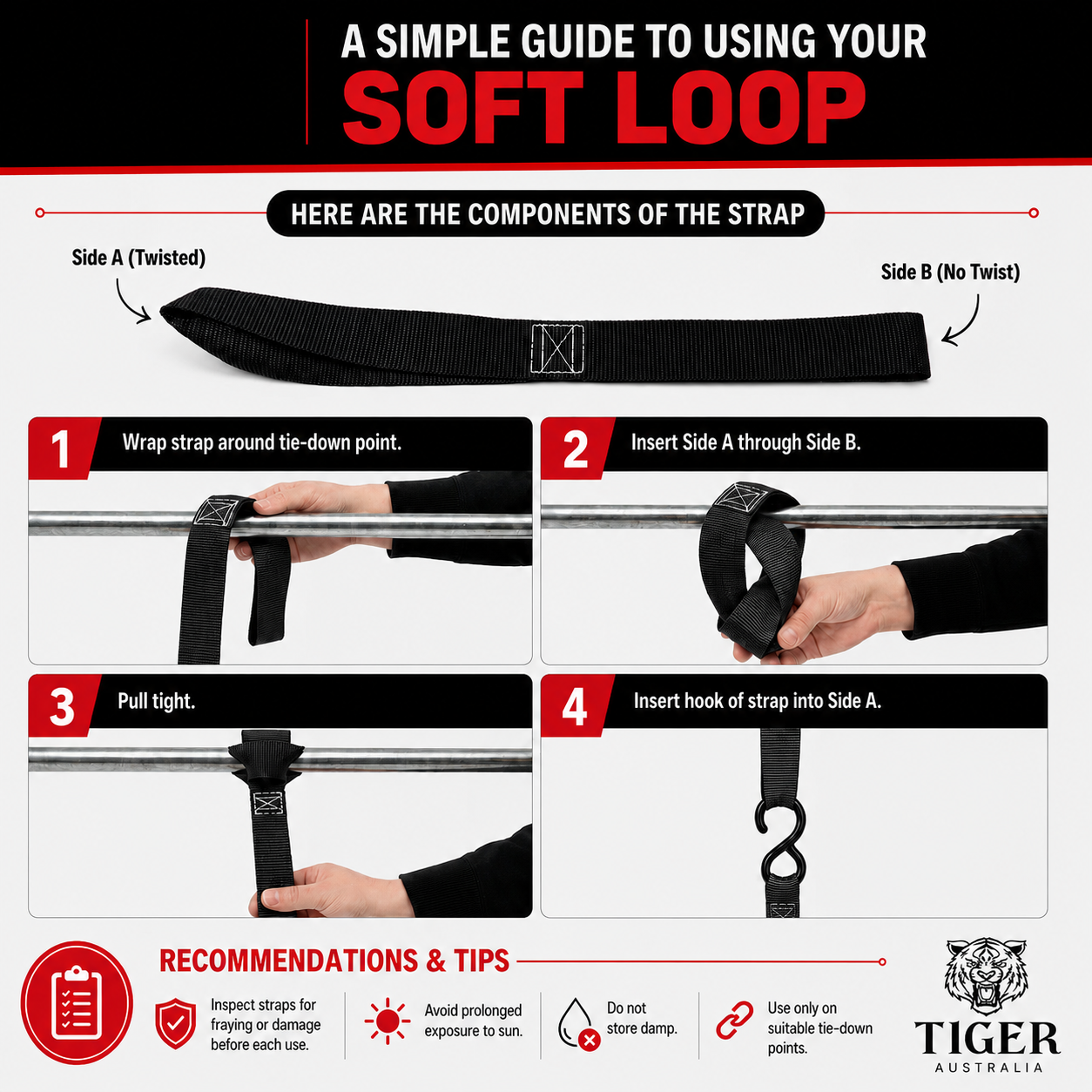Tiger Australia 25mm x 3m Retractable Ratchet Straps with Soft Loops – 4 Pack