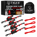 Tiger Australia 25mm x 3m Retractable Ratchet Straps with Soft Loops – 4 Pack (Red Limited Edition)