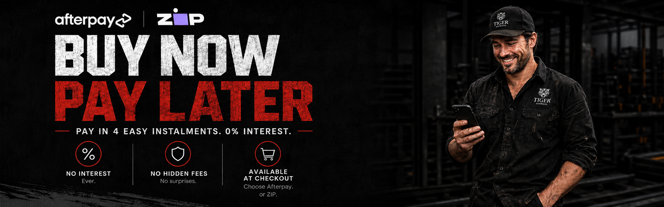 Promotional banner for Afterpay ZIP Buy Now Pay Later, featuring a man in a black uniform holding a phone on the right, alongside text on the left that reads 'BUY NOW PAY LATER' and payment feature icons on a dark background.