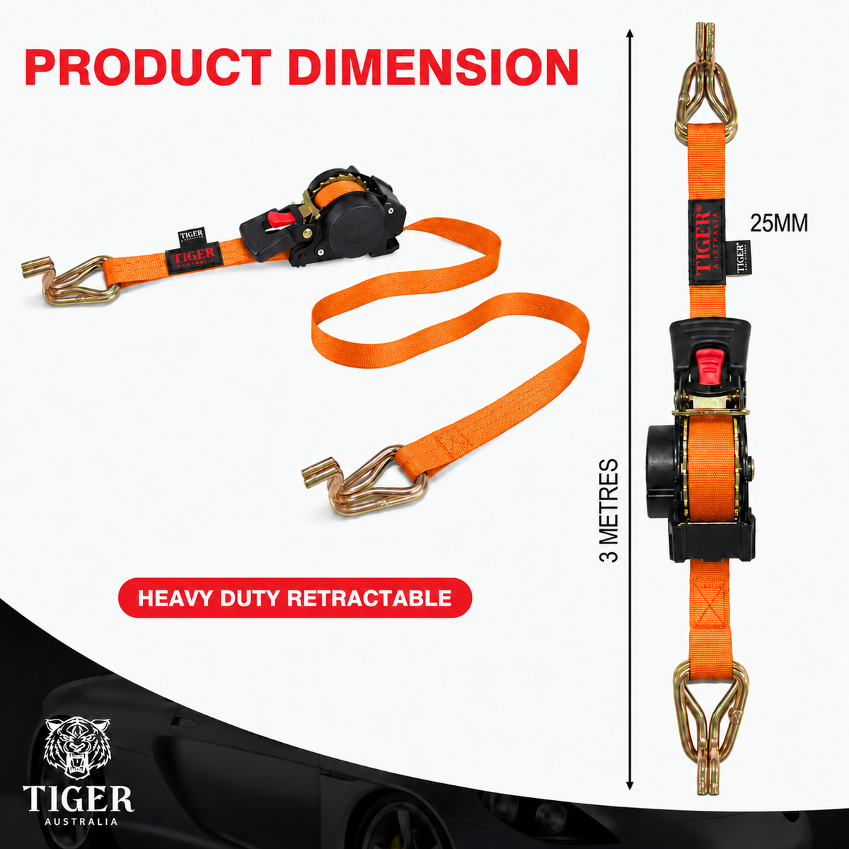 Tiger Australia Swan Hook Series 25mm × 3m Retractable Ratchet Straps 4-Pack(Orange)