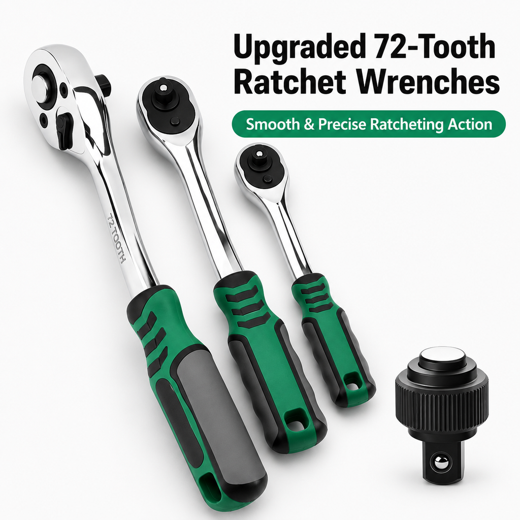Three 72-tooth ratchet wrenches in graduated sizes with green and black handles, shown on a light gray background with text reading 'Upgraded 72-Tooth Ratchet Wrenches' and a black ratchet head attachment.