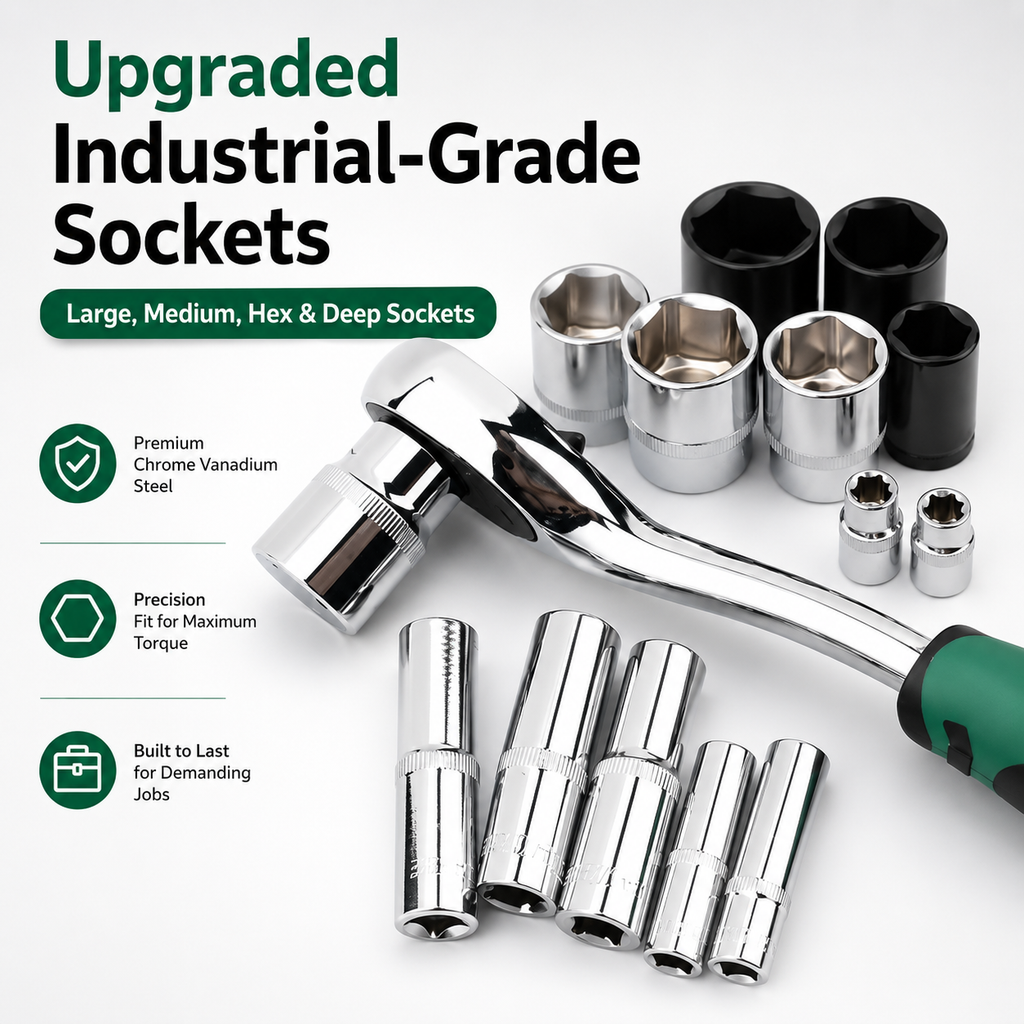 A set of industrial-grade socket wrenches and socket adapters arranged on a white background with marketing text. The image shows multiple chrome socket tools in different sizes, including a ratchet wrench with a green handle grip, several socket pieces, and black socket cups.