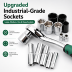 A set of industrial-grade socket wrenches and socket adapters arranged on a white background with marketing text. The image shows multiple chrome socket tools in different sizes, including a ratchet wrench with a green handle grip, several socket pieces, and black socket cups.
