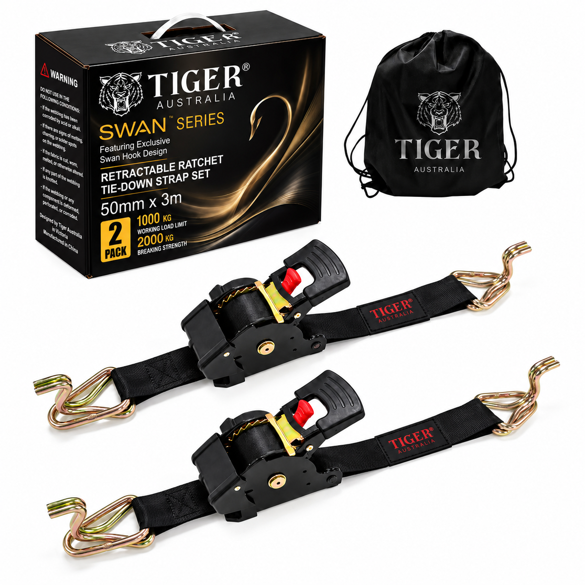 Tiger Australia Swan Hook Series 50mm × 3m Heavy-Duty Retractable Ratchet Straps 2-Pack(Black)